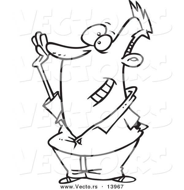 Vector of a Cartoon Happy Man Raising His Hand to Volunteer - Coloring Page Outline