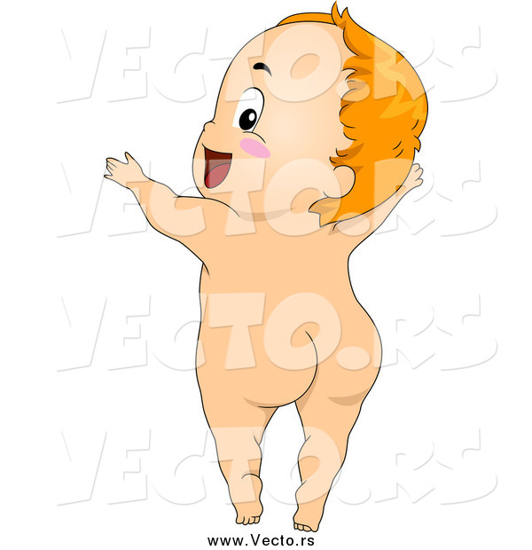 Vector of a Cartoon Happy Naked Baby Boy Looking Back and Holding His Arms up