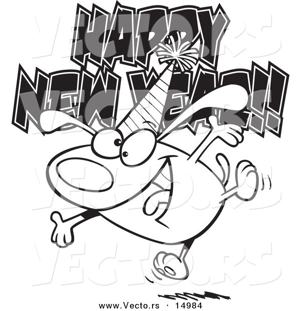 Vector of a Cartoon Happy New Year Dog - Coloring Page Outline