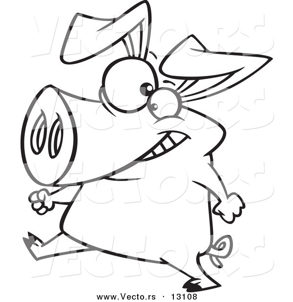 Vector of a Cartoon Happy Pig Walking Upright - Outlined Coloring Page