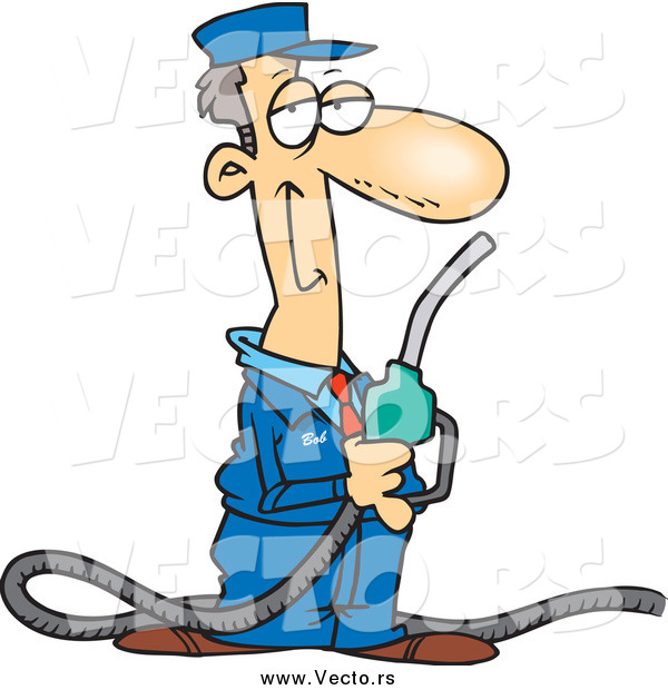 Vector of a Cartoon Happy White Male Gas Station Attendant Holding a Nozzle