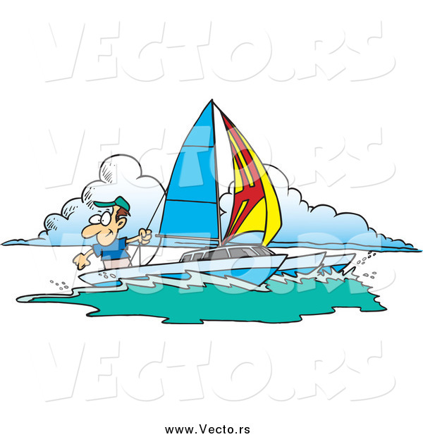 Vector of a Cartoon Happy White Man Sailing a Trimaran