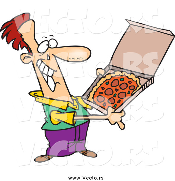 Vector of a Cartoon Happy White Man with Pizza