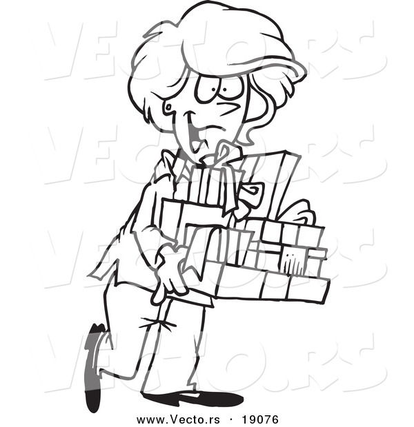 Vector of a Cartoon Happy Woman Carrying Gifts - Outlined Coloring Page
