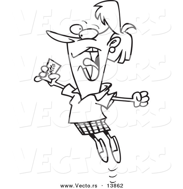 Vector of a Cartoon Happy Woman Holding a Winning Lottery Ticket - Coloring Page Outline
