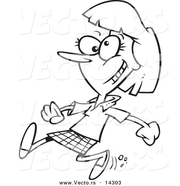Vector of a Cartoon Happy Woman Walking - Coloring Page Outline