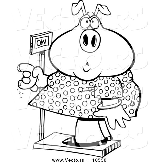 Vector of a Cartoon Heavy Pig Eating a Donut on the Scale - Outlined Coloring Page