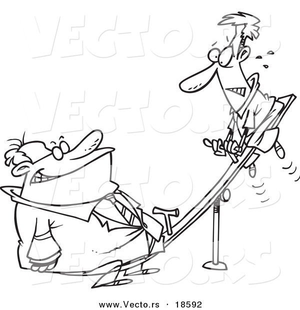 Vector of a Cartoon Heavyweight Businessman on a See Saw - Outlined Coloring Page
