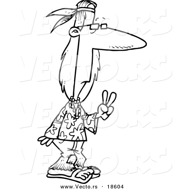 Vector of a Cartoon Hippie Gesturing Peace - Outlined Coloring Page