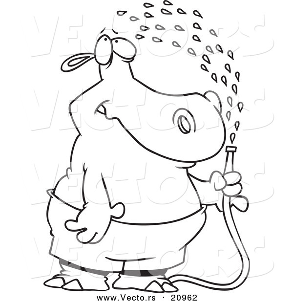 Vector of a Cartoon Hippo Spraying Himself with a Hose - Coloring Page Outline
