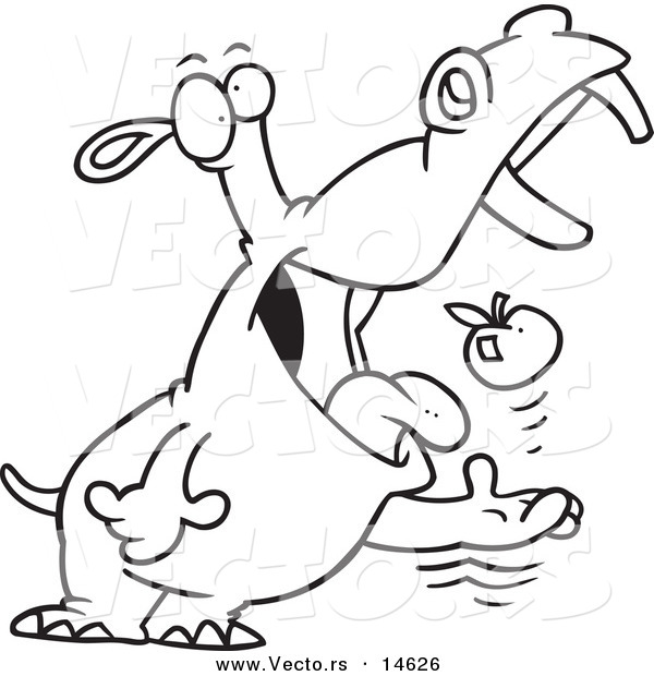 Vector of a Cartoon Hippo Tossing an Apple into His Mouth - Coloring Page Outline