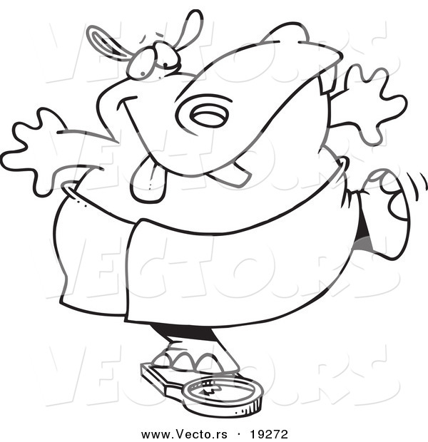 Vector of a Cartoon Hippo Trying to Deceive a Scale - Outlined Coloring Page