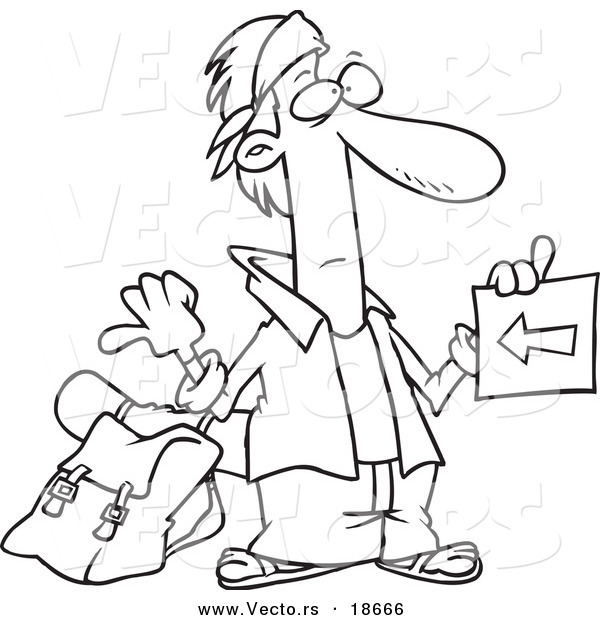 Vector of a Cartoon Hitchhiker Holding a Sign - Outlined Coloring Page