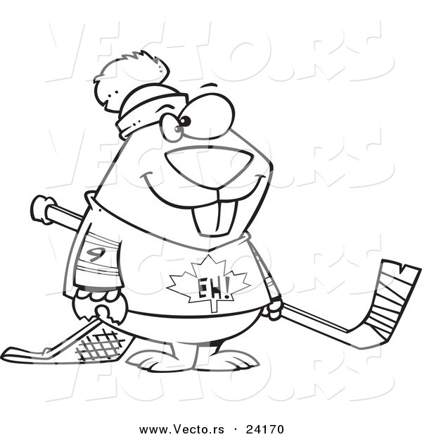 Vector of a Cartoon Hockey Beaver - Coloring Page Outline