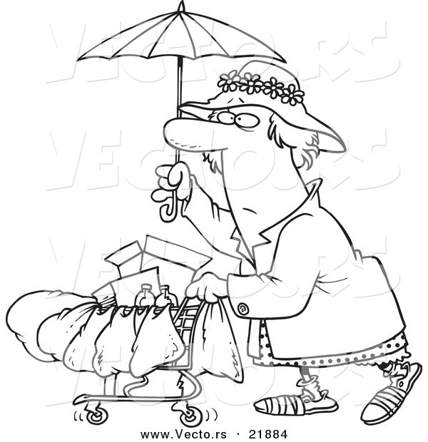 Vector of a Cartoon Homeless Lady Pushing a Cart - Outlined Coloring Page