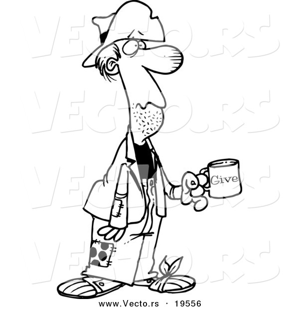 Vector of a Cartoon Homeless Man Holding a Charity Cup - Outlined Coloring Page