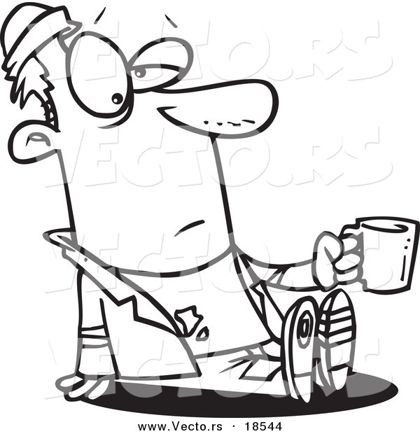 Vector of a Cartoon Homeless Man Sitting and Holding a Cup - Outlined Coloring Page