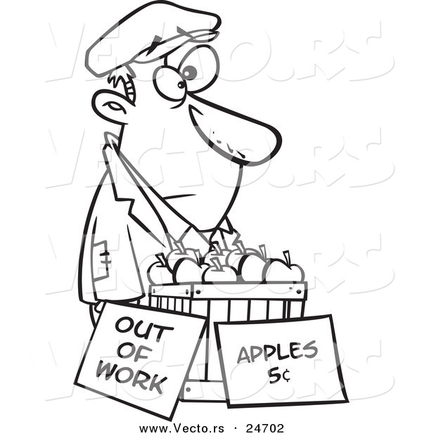 Vector of a Cartoon Homeless Man Trying to Sell Apples - Outlined Coloring Page