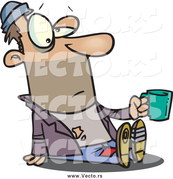 Vector of a Cartoon Homeless White Man Sitting and Holding a Cup