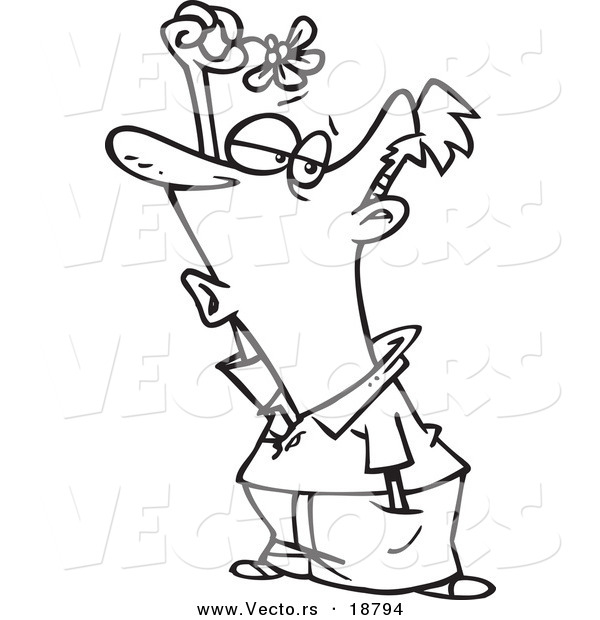 Vector of a Cartoon Hopeful Man Holding Mistletoe over His Head - Outlined Coloring Page