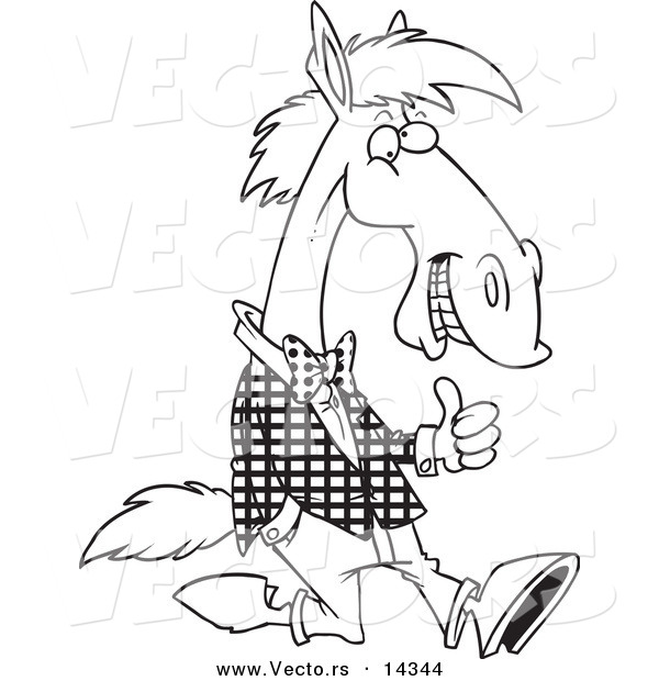 Vector of a Cartoon Horse Walking Upright in Clothes and Holding a Thumb up - Coloring Page Outline