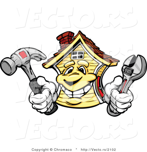 Vector of a Cartoon House Mascot Holding Hammer and Wrench