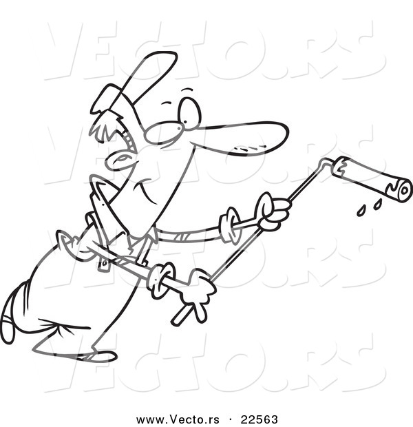 Vector of a Cartoon House Painter Using a Roller - Coloring Page Outline