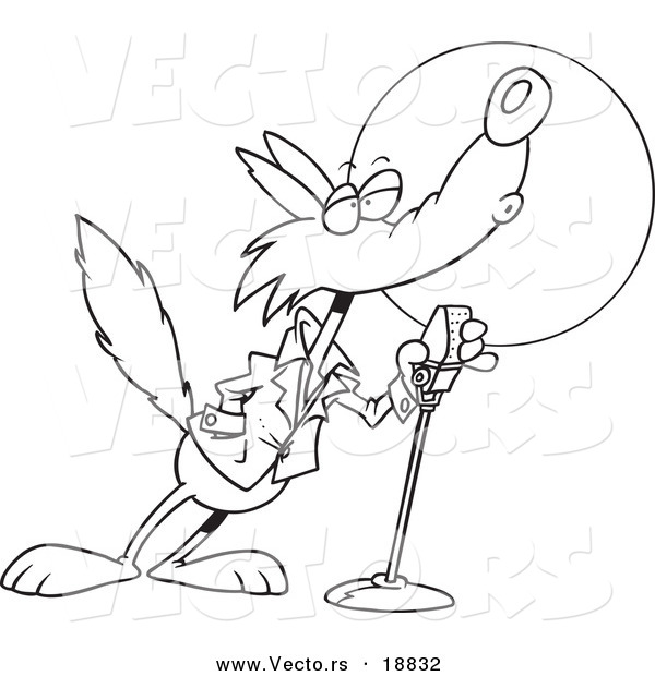 Vector of a Cartoon Howling Wolf in the Spotlight - Outlined Coloring Page