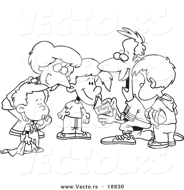 Vector of a Cartoon Huddled Family Reading a Football Play Book - Outlined Coloring Page