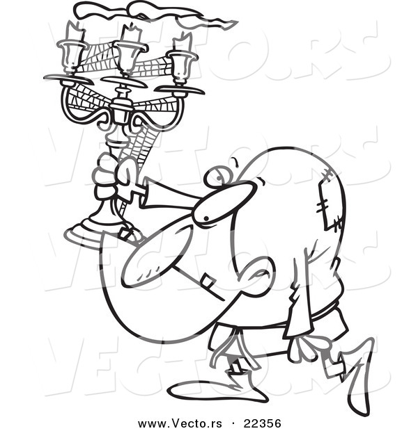 Vector of a Cartoon Hunchback Man Carrying a Candelabra - Coloring Page Outline