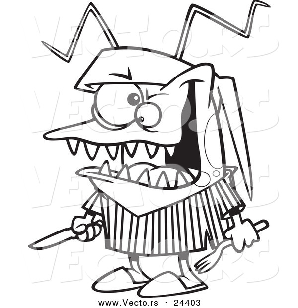 Vector of a Cartoon Hungry Bed Bug Holding Silverware - Outlined Coloring Page