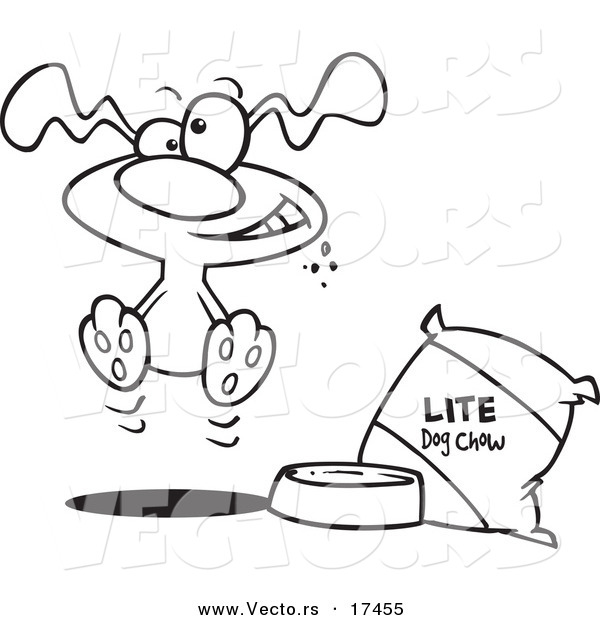 Vector of a Cartoon Hungry Dog by a Bag of Diet Food - Coloring Page Outline