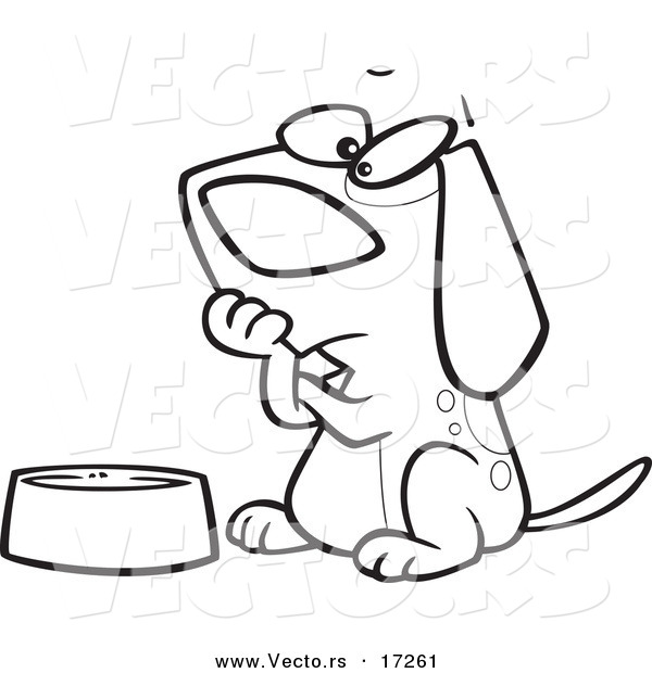 Vector of a Cartoon Hungry Dog Watching His Bowl - Coloring Page Outline