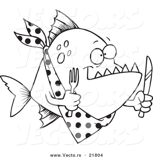 Vector of a Cartoon Hungry Piranha Fish - Outlined Coloring Page