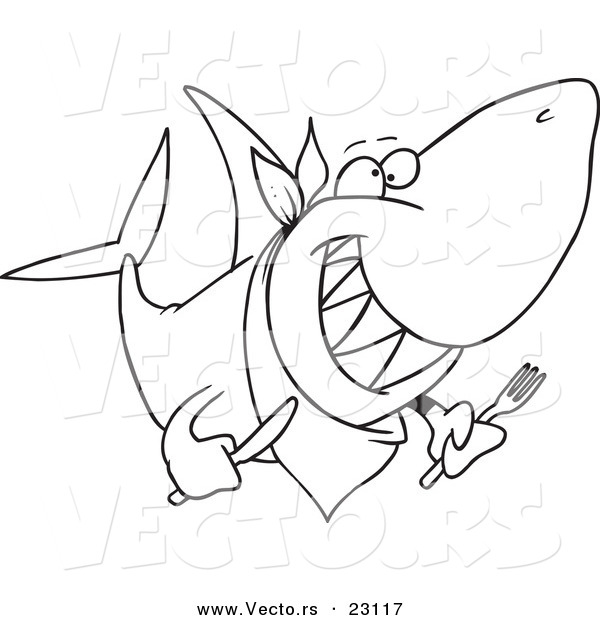 Vector of a Cartoon Hungry Shark - Coloring Page Outline