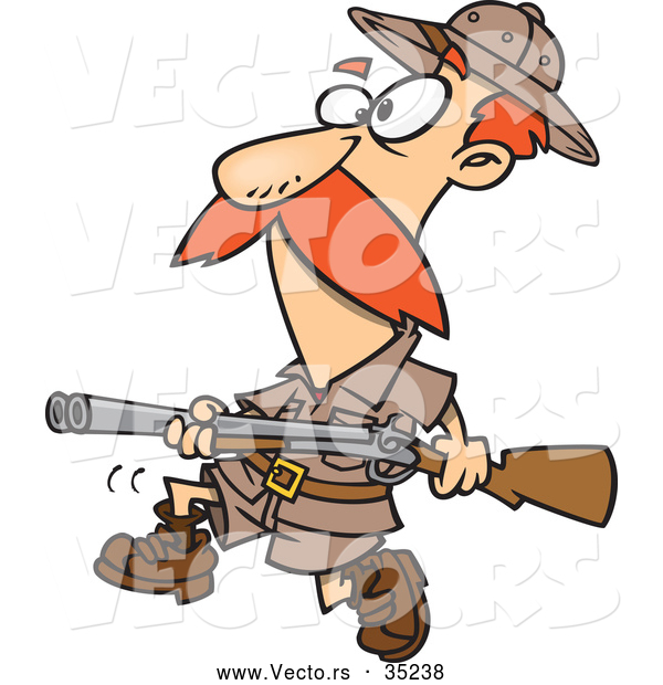 Vector of a Cartoon Hunter Carrying a Rifle While Looking for Big Game
