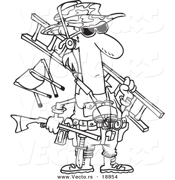 Vector of a Cartoon Hunter Carrying His Gear - Outlined Coloring Page