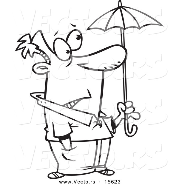 Vector of a Cartoon Ill Prepared Man Holding a Tiny Umbrella - Coloring Page Outline