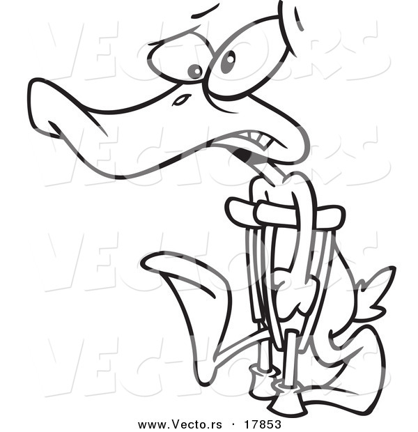 Vector of a Cartoon Injured Duck Using Crutches for His Lame Leg - Outlined Coloring Page