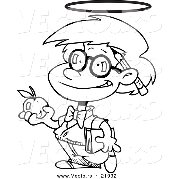 Vector of a Cartoon Innocent School Boy with an Apple - Outlined Coloring Page