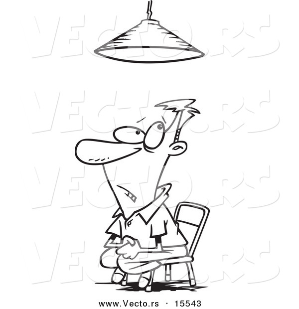 Vector of a Cartoon Interrogated Man Sitting Under a Light - Coloring Page Outline