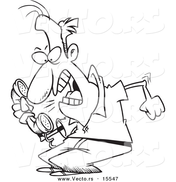 Vector of a Cartoon Irate Man Screaming into a Phone - Coloring Page Outline