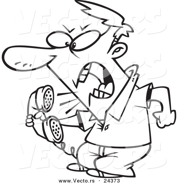 Vector of a Cartoon Irate Man Screaming into the Phone - Outlined Coloring Page