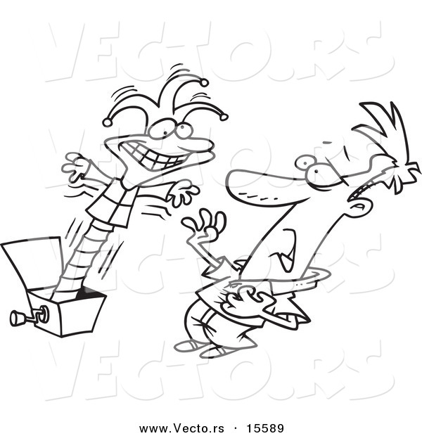 Vector of a Cartoon Jack in the Box Scaring a Man - Coloring Page Outline
