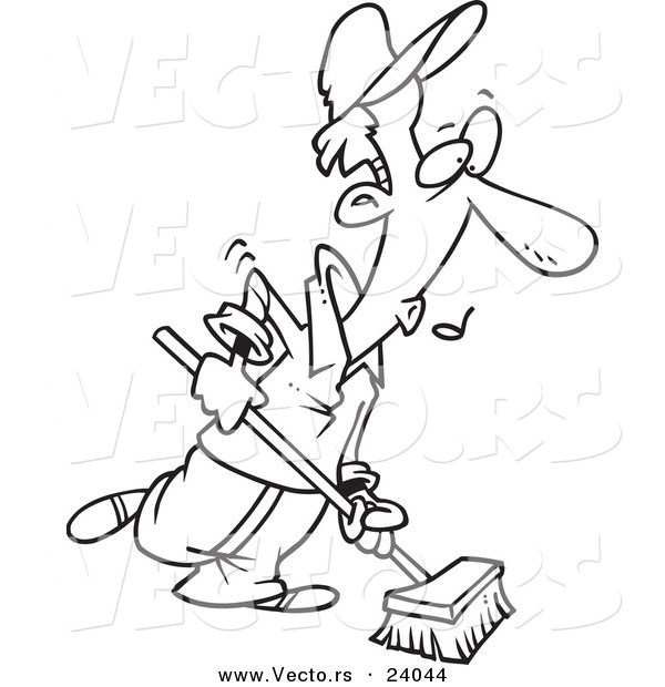 Vector of a Cartoon Janitor Using a Push Broom - Coloring Page Outline