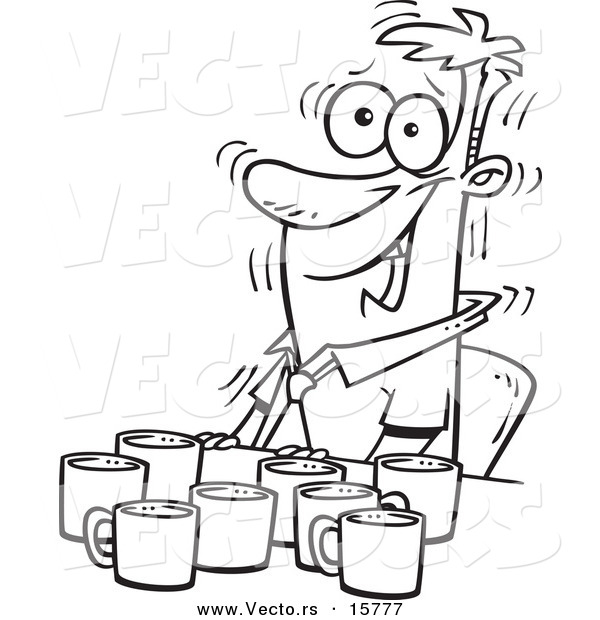 Vector of a Cartoon Jittery Businessman with Coffee Cups at a Table - Outlined Coloring Page Drawing