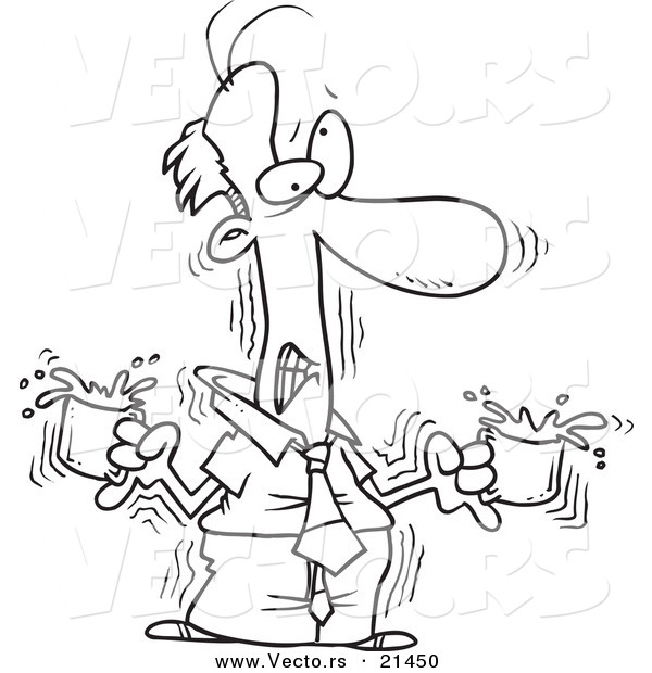 Vector of a Cartoon Jittery Businessman with Two Cups of Coffee - Outlined Coloring Page