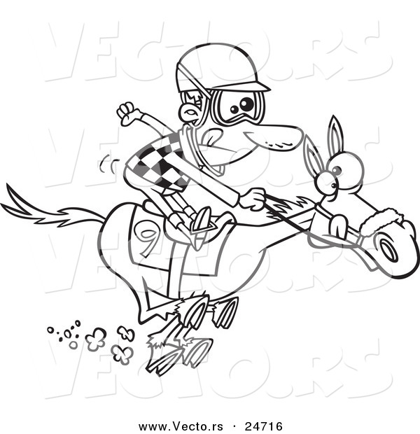 Vector of a Cartoon Jockey Man Racing a Horse - Outlined Coloring Page