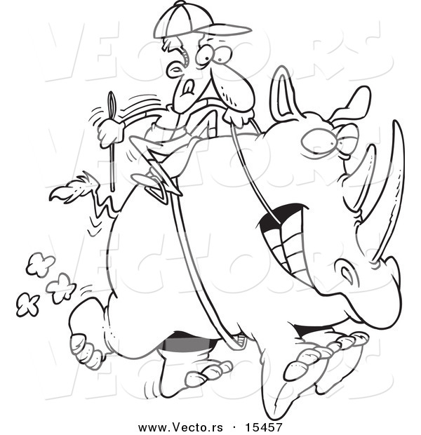 Vector of a Cartoon Jockey Riding a Rhino - Coloring Page Outline