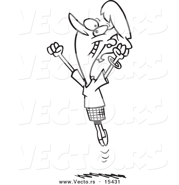 Vector of a Cartoon Joyful Businesswoman Jumping - Coloring Page Outline